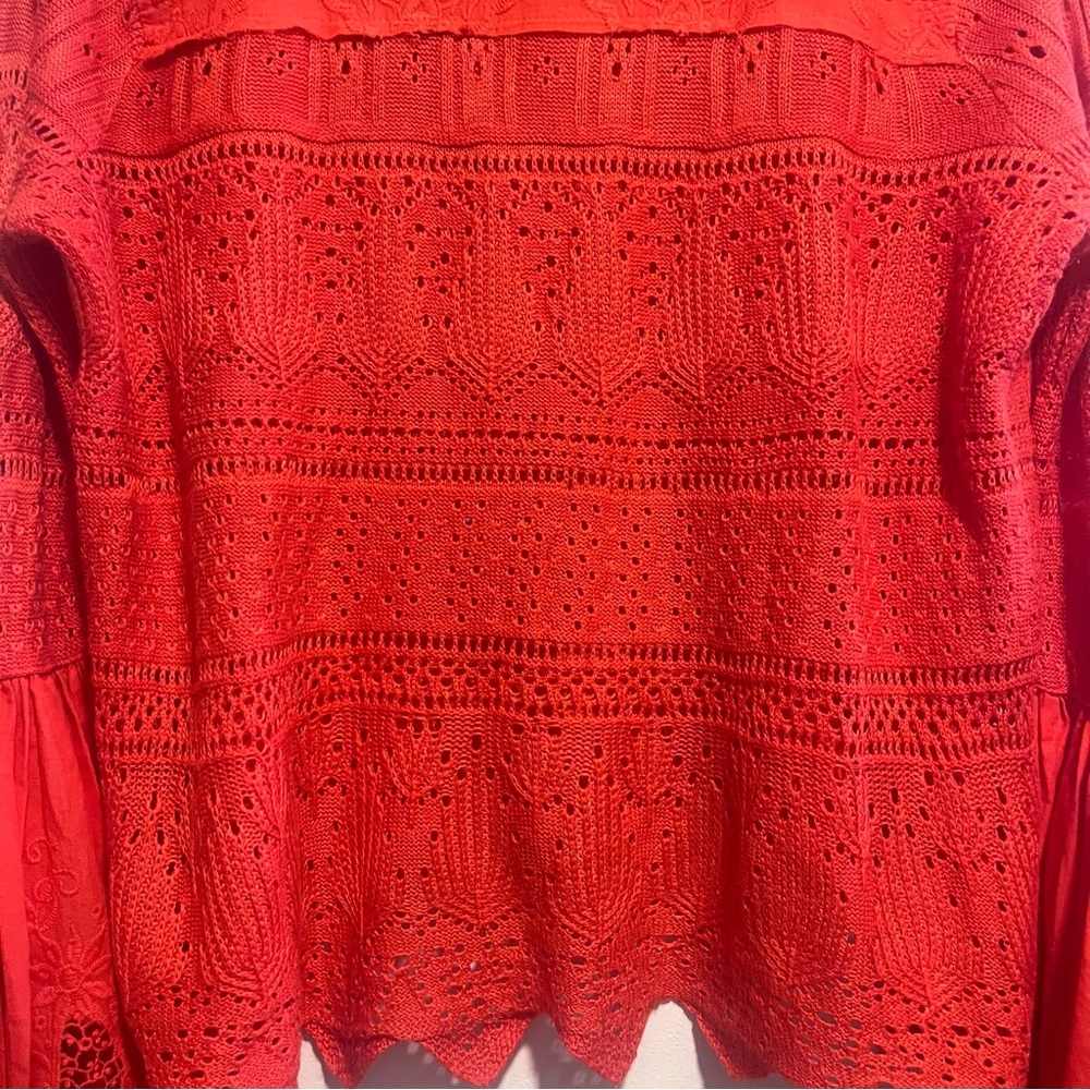 Free People Once Upon A Time Top – Red/Orange Lace Bell Sleeve Blouse - Picture 6 of 15